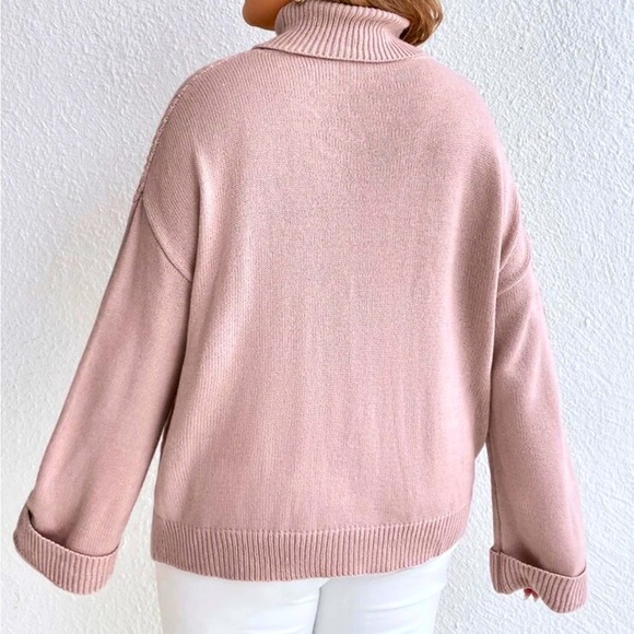 Turtle Neck Drop Shoulder Diamond Patterned Dusty Pink Sweater, 0XL, NWOT - Picture 2 of 6